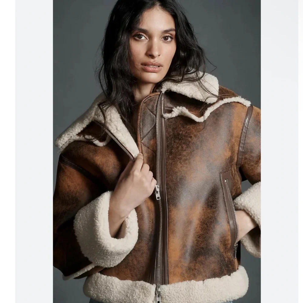 Stand Studio Lessie Faux Leather & Shearling Brown Cream Jacket size 36/US 4 NEW - Picture 5 of 12